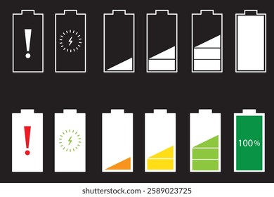 Battery charge flat icons in multiple colors. battery charging sign and symbol, battery charge level. 1176