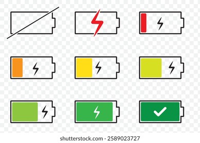 Battery charge flat icons in multiple colors. battery charging sign and symbol, battery charge level. 1176