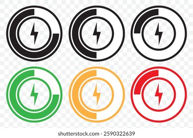 Battery charge flat icons in multiple colors. Battery charging, charge indicator. Vector icon of a fully charged battery. EPS 10.