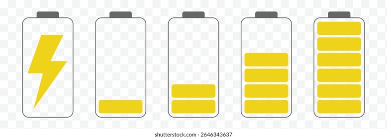 Iconos planos del Recargo de batería en colores múltiples. Carga de la batería, indicador de Recargo. Icono de Vector de una batería completamente cargada. Ilustración vectorial. EPS 10. 