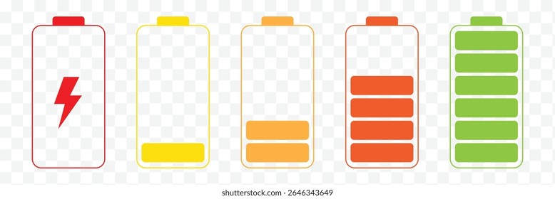 Battery charge flat icons in multiple colors. Battery charging, charge indicator. Vector icon of a fully charged battery. Vector Illustration . EPS 10 . 