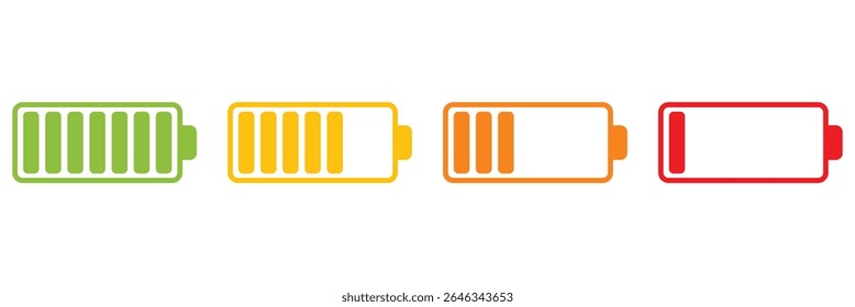 Battery charge flat icons in multiple colors. Battery charging, charge indicator. Vector icon of a fully charged battery. Vector Illustration . EPS 10 . 