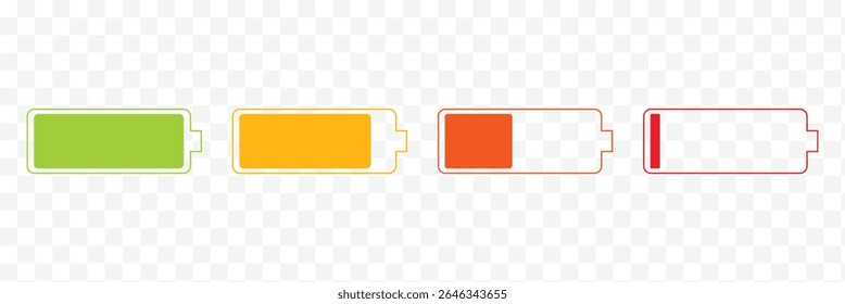 Battery charge flat icons in multiple colors. Battery charging, charge indicator. Vector icon of a fully charged battery. Vector Illustration . EPS 10 . 