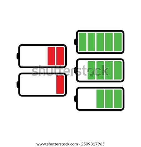 Battery charge flat icons in multiple colors. Battery charging, charge indicator. Vector icon of a fully charged battery.