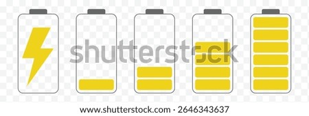 Battery charge flat icons in multiple colors. Battery charging, charge indicator. Vector icon of a fully charged battery. Vector Illustration . EPS 10 . 
