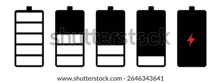 Battery charge flat icons in multiple colors. Battery charging, charge indicator. Vector icon of a fully charged battery. Vector Illustration . EPS 10 . 