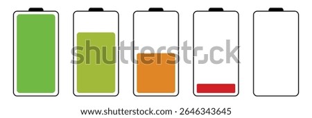 Battery charge flat icons in multiple colors. Battery charging, charge indicator. Vector icon of a fully charged battery. Vector Illustration . EPS 10 . 