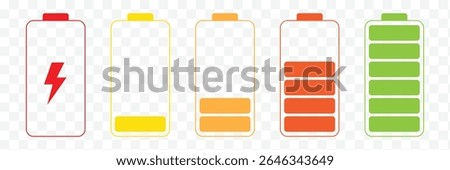 Battery charge flat icons in multiple colors. Battery charging, charge indicator. Vector icon of a fully charged battery. Vector Illustration . EPS 10 . 