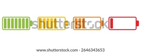 Battery charge flat icons in multiple colors. Battery charging, charge indicator. Vector icon of a fully charged battery. Vector Illustration . EPS 10 . 