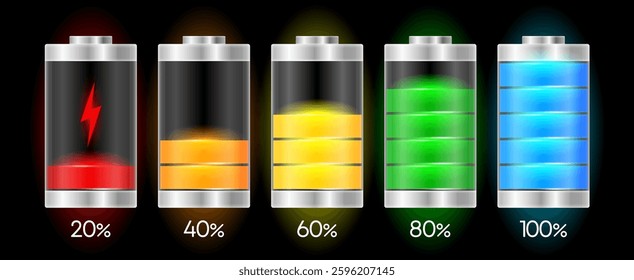 Battery Charge. Full and low power energy level. Recharge battery indicator. Vector illustration.