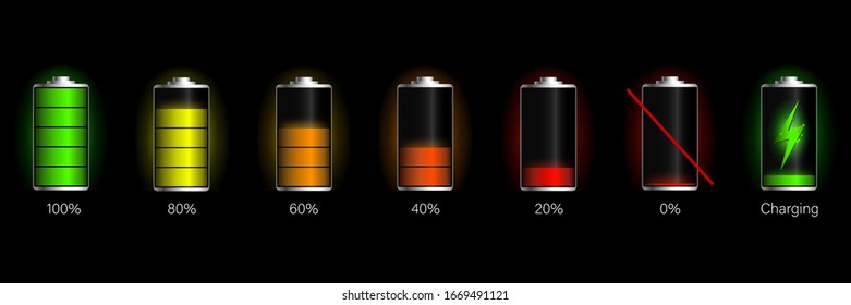 Battery charge full power energy level. Glass realistic power battery illustration. Accumulator indicator vector icon of power level.