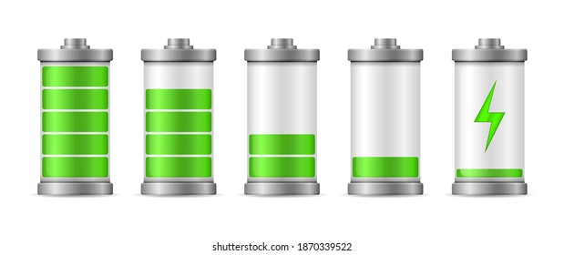 Battery charge full power energy level. Icons for gadget interfaces, mobile apps, website elements and your design. Fully charged and discharged accumulators smartphone battery. Vector illustration.