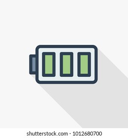 battery charge full thin line flat color icon. Linear vector illustration. Pictogram isolated on white background. Colorful long shadow design.