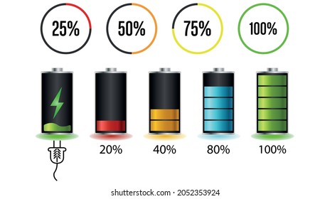 Battery charge gauge icon set. Charge Level vector icon Battery power 20% 40% 80% and 100% running powerfully low status batteries charged set logo Empty charge level charging bar