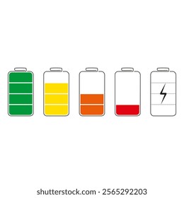 Battery charge from high to low flat icons. Battery charging in multiple colors. Discharged and fully charged battery. Phone charge level vector illustration. Charge power.