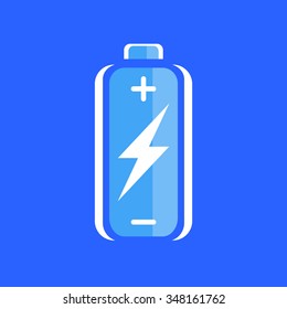 Battery charge icon. charged sign. Charging symbol. Battery on blue background. Vector illustration.