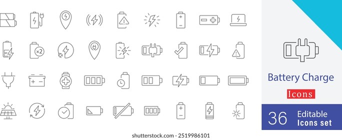 Diseño de la colección del icono del Recargo de la batería que contiene el reciclable, el panel, la conexión, el enchufe, la energía, la copia de seguridad de la batería, el monitor de la energía, el puerto de carga y más iconos finos