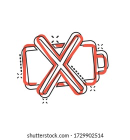 Battery charge icon in comic style. Power level cartoon vector illustration on white isolated background. Lithium accumulator splash effect business concept.