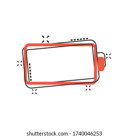 Battery charge icon in comic style. Power level cartoon vector illustration on white isolated background. Lithium accumulator splash effect business concept.