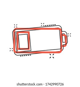 Battery charge icon in comic style. Power level cartoon vector illustration on white isolated background. Lithium accumulator splash effect business concept.