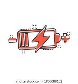 Battery charge icon in comic style. Power level cartoon vector illustration on white isolated background. Lithium accumulator splash effect business concept.