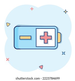 Battery charge icon in comic style. Power level cartoon vector illustration on white isolated background. Lithium accumulator splash effect business concept.