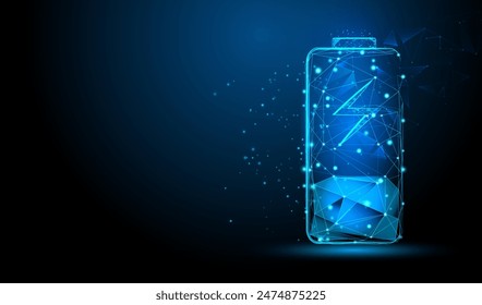 Battery charge icon. Electric discharge or lightning in low poly design. Power neon light futuristic energy storage, high voltage, long battery charge. Technology vector illustration.