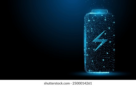 Battery charge icon. Electric discharge or lightning in dotted design. Power neon light futuristic energy storage, high voltage, long battery charge. Technology vector illustration.