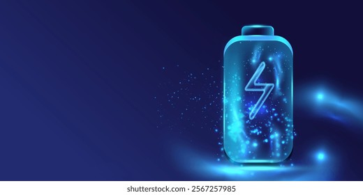 Battery charge icon. Electric discharge lightning in neon design. Power light futuristic energy storage. Accumulator high voltage, long battery charge. Technology vector illustration.