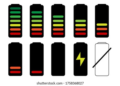 Battery charge icon. The energy level in the charger. Vector image of full and low power cells.