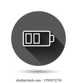 Battery charge icon in flat style. Power level vector illustration on black round background with long shadow effect. Lithium accumulator circle button business concept.