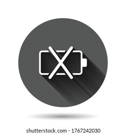 Battery charge icon in flat style. Power level vector illustration on black round background with long shadow effect. Lithium accumulator circle button business concept.