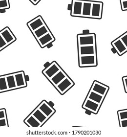Battery charge icon in flat style. Power level vector illustration on white isolated background. Lithium accumulator seamless pattern business concept.