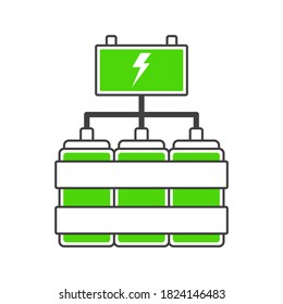Icono de carga de batería de fuentes de alimentación conectadas entre sí. Versión de dibujos animados de latas con energía alimentando la batería del acumulador. Ilustración vectorial aislada sobre fondo blanco.