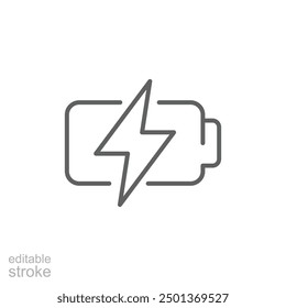 Battery charge icon. Simple outline style. Recharge, full, power, charger, electric, energy low, alkaline, energy, technology concept. Thin line symbol. Vector illustration isolated. Editable stroke.