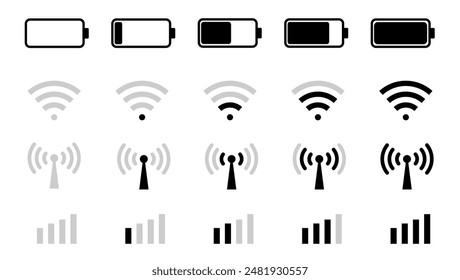 Battery charge icon vector. Wi-Fi icon symbol black and white icons pack. Mobile phone signal. Indicator battery illustration symbol. Accumulator logo. Vector illustration