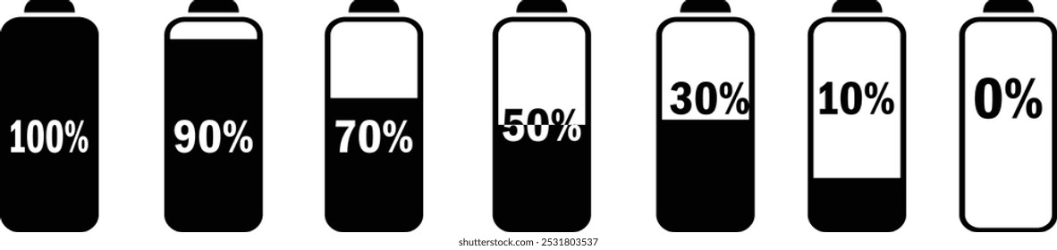 Battery charge icons collection. Phone battery level. Designation of the operating time of the device. Black flash symbol, thunderbolt vector illustration.