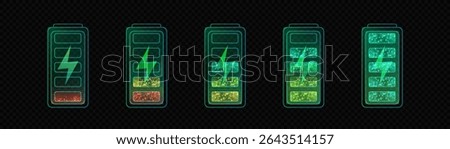 Battery charge icons with color gradient and shimmering particles. From minimum to full level - dynamic energy visualization.