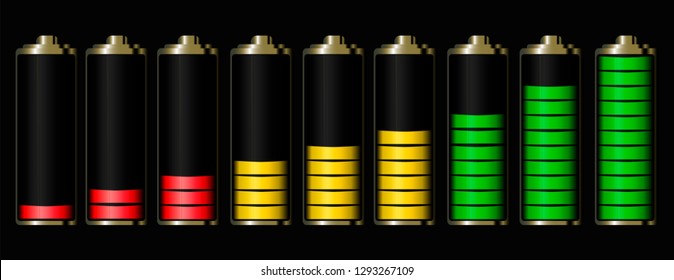Battery charge. Icons in the form of batteries 9 elements. Red, yellow, green.Isolate. Illustration.