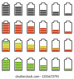 Battery charge icons set. Various styles of performance and color filling the energy consumption scale. Vector on a white background.