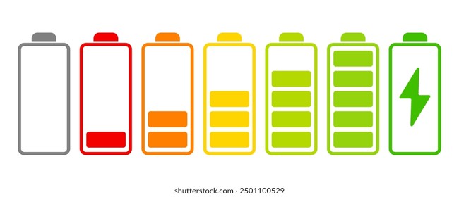 Battery charge icons. Set of vertical battery level indicators with percentages. Isolated on transparent background. Battery indicator symbols ranging from 0% to 100%. Vector illustration.