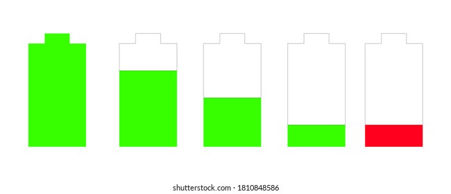 Ilustración vectorial de moda con indicador de carga de batería de estilo plano. conjunto de iconos de batería descargado y totalmente cargado. Conjunto de iconos de nivel de carga de la batería para el diseño de su sitio web, logotipo, aplicación, interfaz de usuario.