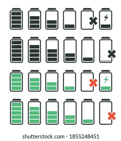 Conjunto de iconos del indicador de carga de la batería. Nivel de batería completo, medio, bajo y vacío. Ilustración de diseño plana vectorial. Símbolo de energía y poder. Iconos Web.