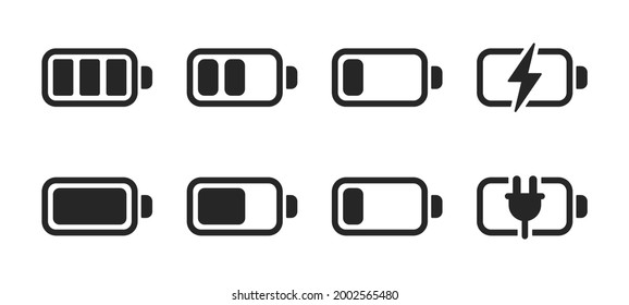 Battery charge indicator icon set different level of charge for UI energy symbol mobile phone, accumulator charge signs. Concept power, energy, load, full, load, empty, progress. Vector illustration