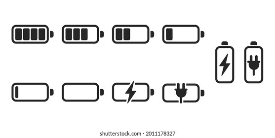 Battery charge indicator icon set different level of charge for UI energy symbol mobile phone, accumulator charge signs. Concept power, energy, load, full, load, empty, progress. Vector illustration