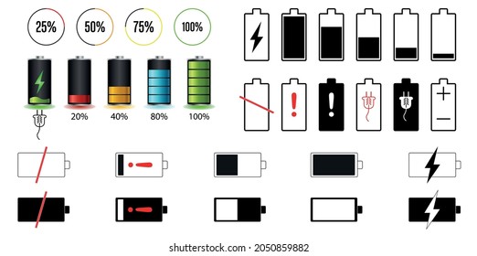 Battery charge indicator icon set. Charging Level vector icon Battery power powerfully full fun running power low status full batteries set logo Empty charge level charging bar.