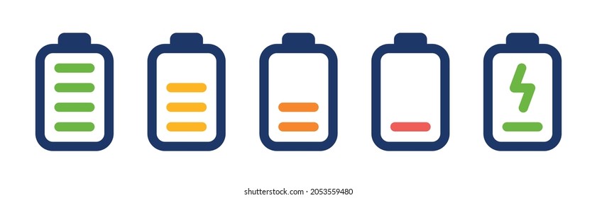 Battery charge indicator icon set in different level, symbol of mobile phone, battery charge signs. Car battery sign.