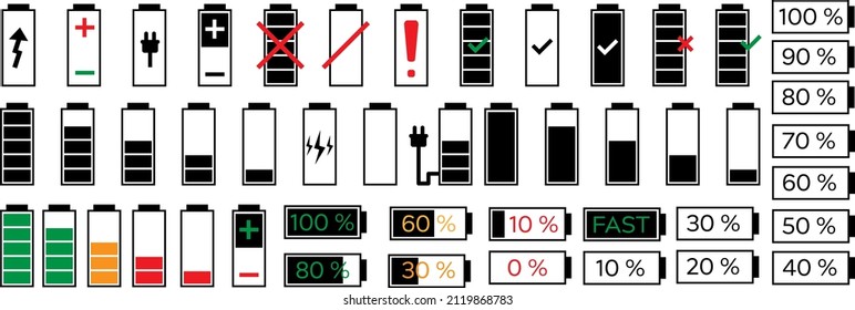 Battery charge indicator icon set. Full low and empty charge status. Charge level empty loading bar. Vector illustrations for technology gadgets on white background