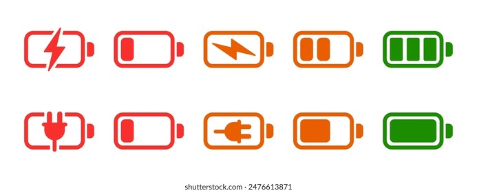 Icono de indicador de Recargo de la batería establece un nivel diferente de Recargo para el símbolo de energía de la interfaz de usuario del teléfono móvil, signos de Recargo del acumulador. Concepto potencia, energía, carga, lleno, carga, vacío, progreso. Ilustración vectorial