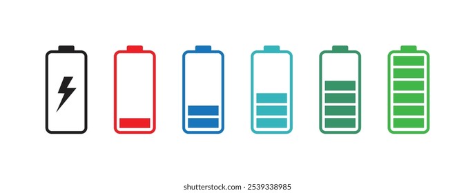 Vetor de carga de bateria em ícone de conjunto de cores diferentes no fundo branco.
